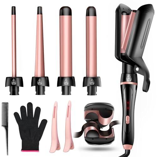 Rizador de Pelo 5 en 1, Set de Varilla para Rizar con Crimper Waver para Pelo y 4 Barriles Cerámicos Intercambiables (0.35"-1.25'') Calentamiento Rápido Doble Voltaje Rizador de Pelo Regalos