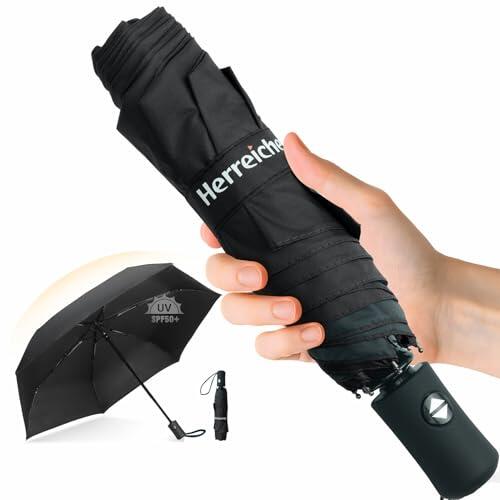 Herreicher Paraguas de viaje automático, compacto, plegable, portátil, protección UV, paraguas ligero, 98 cm de envergadura, 6 costillas, 210T, protección UPF50+, para adultos y niños, color negro
