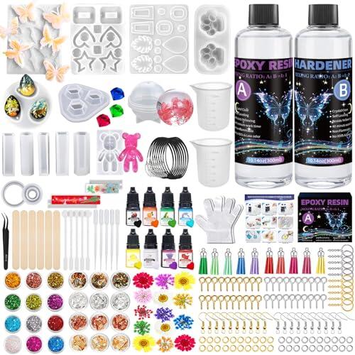 Resina Epoxi Manualidades Kit para Hacer llaveros,Kit de Resina Epoxi,Kit Resinas Epoxis Transparente,con Moldes de Silicona, Resinas y el Endurecedor, Pigmentos, Pan de Oro, Lentejuelas(2)