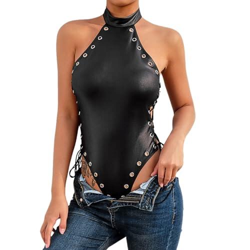 Gatamiau Body de Cuero para Mujer Sexy Ropa Interior Leotardo Brillante Una Pieza Lencería Charol Bodysuit Mujer Mono Babydoll Clubwear Carnaval Halloween Fiesta Negro (S)
