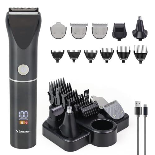 BEPER P304CAP050 Set de Recortadora Multifunción TrimX 12 – Cortapelos, Recortador de Barba, Recortador de Nariz y Orejas – 12 Accesorios Incluidos, Cuchillas de Acero, Pantalla LED, Recargable