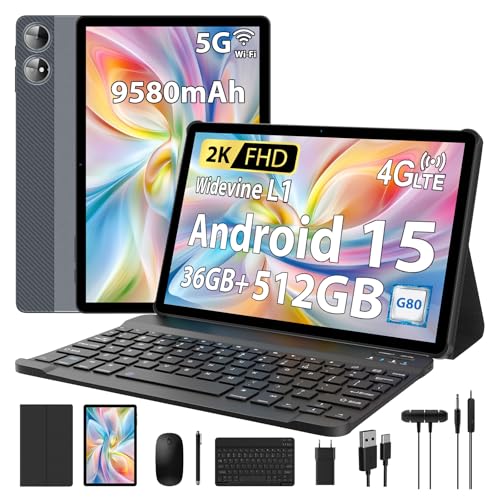 2K Tablet 11 Pulgadas, 36GB RAM+512GB ROM (2TB TF), Android 15, 4G SIM LTE+5G WiFi, 2000 * 1200, Octa-Core, 9580mAh, WidevineL1, 13MP+8MP, GPS, Bluetooth-Tablet con Teclado ect (Gris)