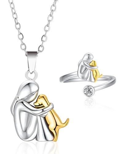 FUGLUS Collar de perro,Collar de abrazo de perro y niña, colgante de plata de ley 925 con forma de animal, para niñas, hijas, madres y amigas,Regalo para amantes de los perros