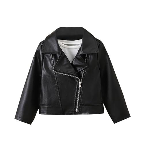 HAOLEI Chaqueta de Imitación Cuero para Niños y Niñas Cuello Solapa Abrigos Manga Larga de Piel Sintetica con Cremallera Color Sólido Cazadora Pu Tipo Bomber Moda Faux Leather Moto Jacket 2-11 Años