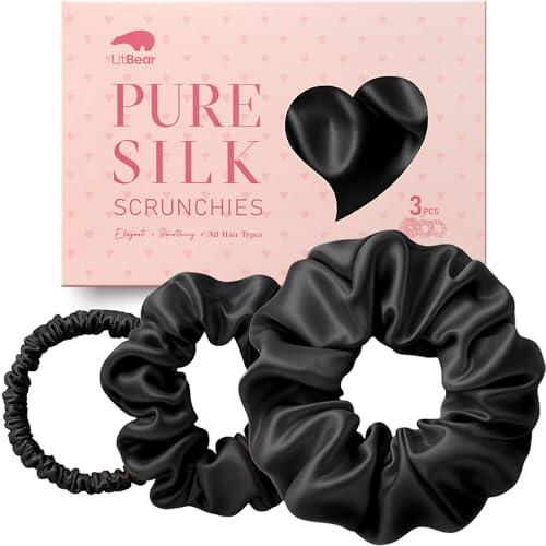 Litbear Juego de 3 gomas para el pelo de seda 100% pura de morera en 3 tamaños, anillos de seda para dormir, suaves para el cabello contra la rotura del cabello (rosa + morado + negro)