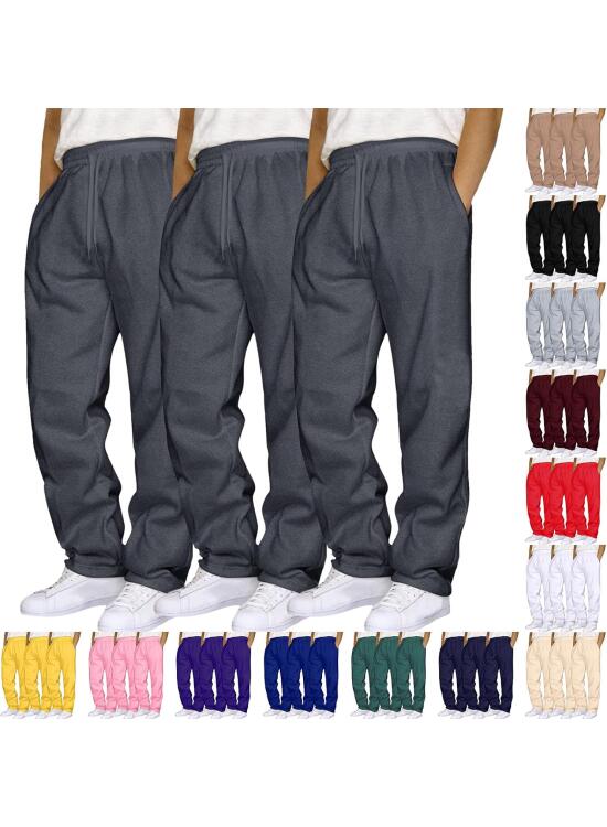 Pack de 3 pantalones de chándal holgados para hombre, de algodón ancho, cintura alta elástica + 2 bolsillos laterales, pantalones deportivos cálidos y suaves para hombre, pierna ancha para deporte y