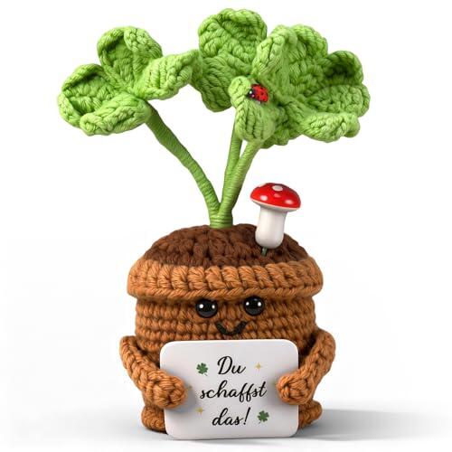Amuleto de la suerte de punto trébol de cuatro hojas regalos alentadores, flores hechas a mano de ganchillo de bolsillo, regalo de planta, amuleto de la suerte, día del maestro, buena mejora examen
