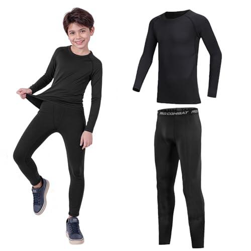Fiorios Conjunto de camiseta interior térmica de manga larga y leggings con forro polar para niños,interior deportiva de para fútbol y esquí (Conjunto de 2 piezas Black Line, 8-9 años; Talla 26)