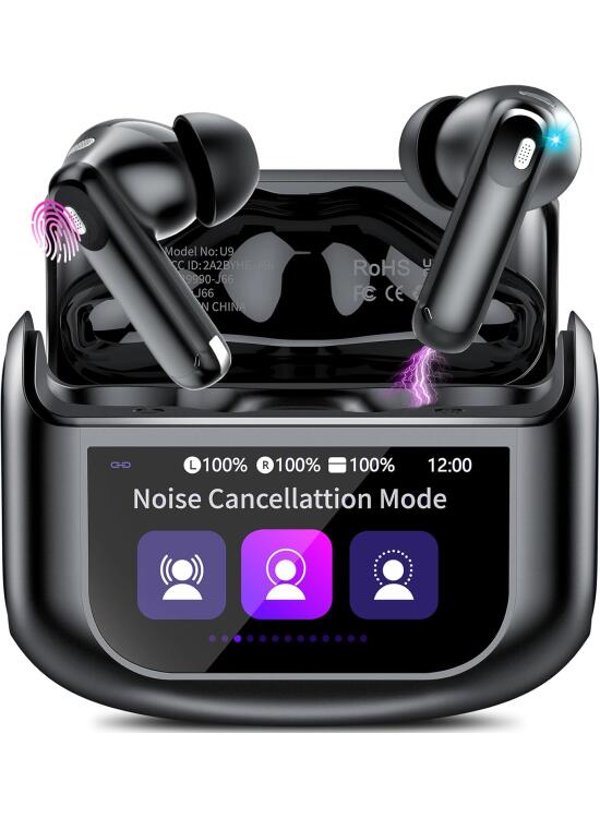 Auriculares Inalambricos Bluetooth, 48H Auriculares Bluetooth 5.4 con Pantalla Táctil LED, 4 Mic con Reducción de Ruido ANC+ENC, HiFi Estéreo Cascos Inalambricos con IP7 Impermeable/5 Modos EQ Negro