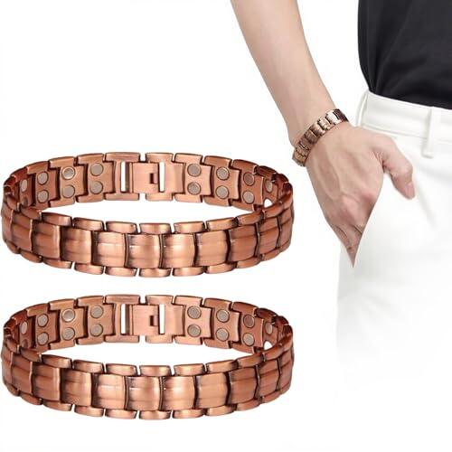 Pulsera Magnética, 2 Unidades Brazalete Magnético De Cobre Puro, Menicia de Cinta Magnética, Antioxidación Tamaño Ajustable Pulsera Cobre, Brazalete de Terapia Campo Magnético para del Dolor