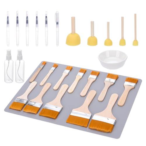 WEBEEDY - Kit de herramientas para decoupage (27 unidades, con 5 cepillos de esponja, 12 cepillos de madera, 6 bolígrafos de agua, 2 botellas de pulverización y alfombrilla de mesa de silicona para