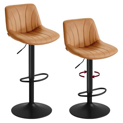 VASAGLE Taburetes de Bar, con Respaldo, Sillas de Bar de Altura Ajustable, Giro de 360°, Reposapiés de Metal, para Comedor y Cocina, PU, Juego de 2, Marrón Caramelo LJB181KN01