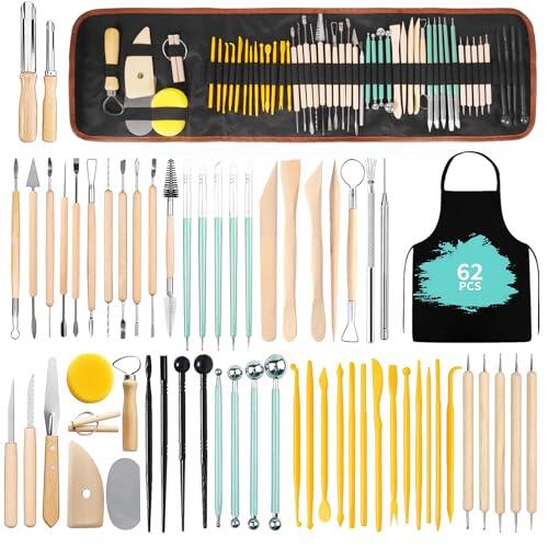 AMCHLEL 62 Pcs Herramientas de Arcilla,Herramientas Modelado,Herramientas de Tallado de Cerámica con Bolsa de Almacenamiento para Principiantes,Cerámica de Arcilla, Escultura,Manualidades de Cerámica