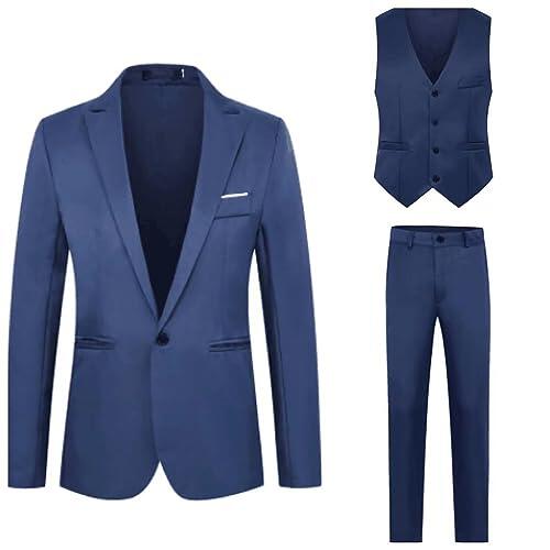 Traje De Hombre 3 Piezas Smoking Blazer Pantalones Chaleco con Un Botón Tinta Unitaria Negocios Elegante Traje De Hombre Ajustado Ceremonia Vestido De Novia Casual De Cena Vestidos De Trabajo, azul