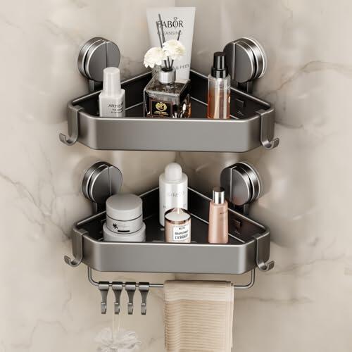 MUSTORN Estanteria Ducha Esquinera Ventosas, Estanteria Organizador BañO Sin Taladro con Barra de Toalla y Ganchos Estante Ducha Esquinera BañO Pared Bathroom Corner Shower Shelf Caddy(2 Piezas, Gris)