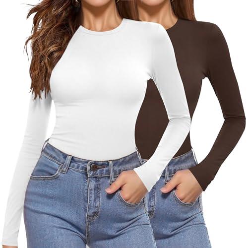Aottori Pack de 2 Camiseta Interior Mujer Cuello Redondo Manga Larga Básica Camisetas Elegant Elástica Ajustada Ligera Ropa Interior Térmica Tops Blanco+Marrón XXL