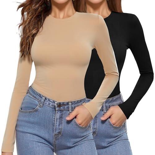 Aottori Pack de 2 Camiseta Interior Mujer Cuello Redondo Manga Larga Básica Camisetas Elegant Elástica Ajustada Ligera Ropa Interior Térmica Tops Negro+Caqui XL