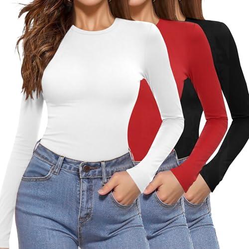 Aottori Pack de 3 Camiseta Cuello Redondo Mujer Manga Larga Basica Ropa Interior Elegante Elástica Ajustada Ligera Termica Tops Negro+Blanco+Rojo L