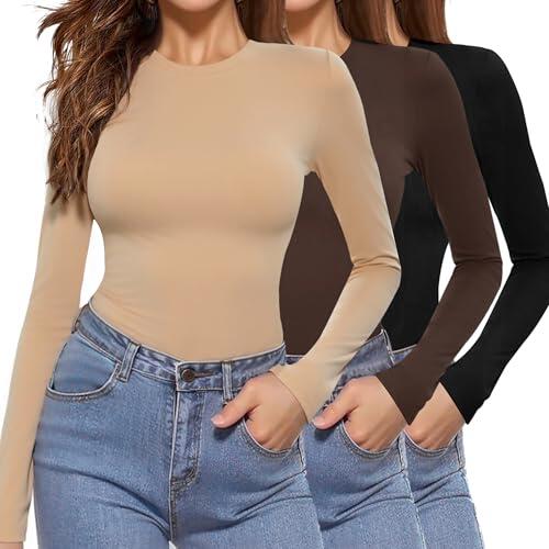 Aottori Pack de 3 Camiseta Cuello Redondo Mujer Manga Larga Basica Ropa Interior Elegante Elástica Ajustada Ligera Termica Tops Negro+Marrón+Caqui L