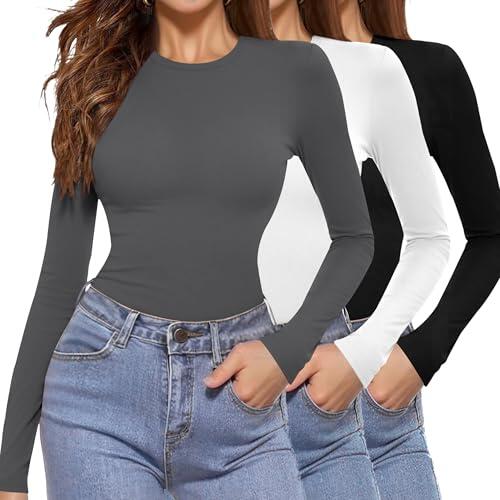 Aottori Pack de 3 Camiseta Cuello Redondo Mujer Manga Larga Basica Ropa Interior Elegante Elástica Ajustada Ligera Termica Tops Negro+Blanco+Gris M