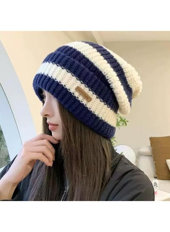Gorro cálido de invierno para mujer, casual, holgado, apilado, de punto, a rayas, suave, perezoso, cálido, 22 x 18 x 3 cm