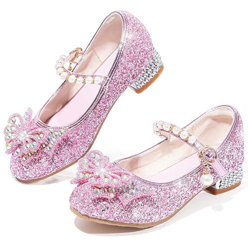 VTASQ Zapatos Princesa Niñas Glitterate Zapatos de Vestir Elegantes Mary Janes Zapatos de Tacón para Fiestas Bodas Cumpleaños y Cosplay Rosa EU27