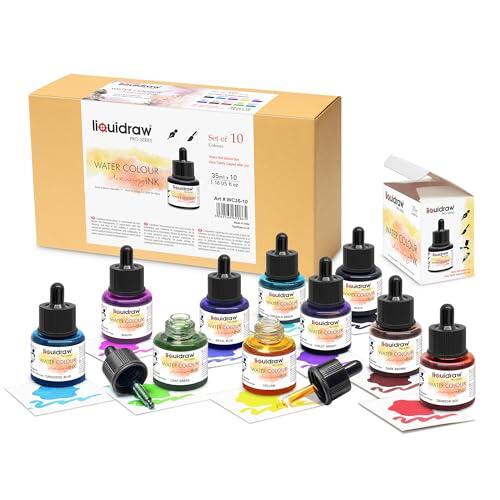 Liquidraw Tinta de dibujo de acuarela, 10 colores surtidos, botellas de 35 ml con cuentagotas de tinta, tintas de acuarela para dibujo y diseño, adecuadas para profesionales, artistas, estudiantes y