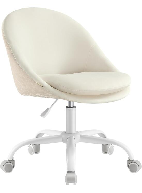 SONGMICS Silla de Oficina en Casa, Silla Giratoria con Parte Frontal de Terciopelo, Sillón de Escritorio, Acolchada con Espuma, Altura Ajustable, para Estudio, Dormitorio, Blanco Crema OBG020WD01