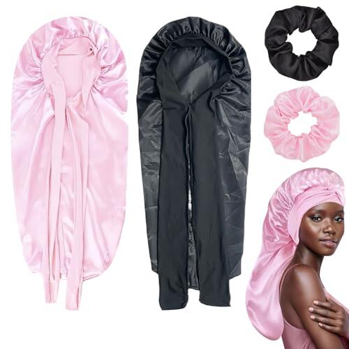 TYXHXTF 2 Piezas Gorro Satén Largo para Mujer, Gorro de Dormir de Seda con Banda Ancha Elástica, Ajustable Gorro Saten Pelo Rizado para Mujeres (Negro, Rosa)