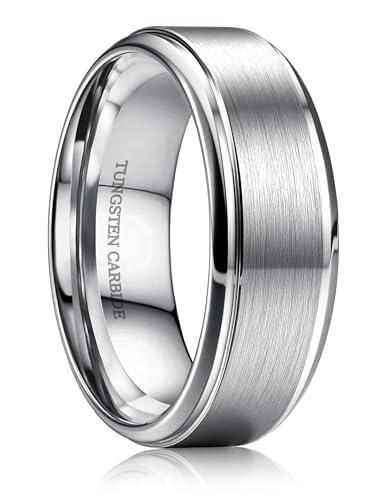 CASSIECA Anillo Hombre Tungsteno Anillo para Hombre Plata 8MM Anillos de Compromiso Promesa Boda Superficie Mmate Borde Pulido Tallas 63.4