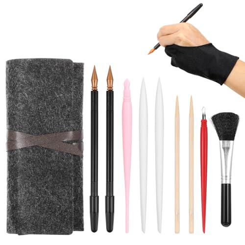 11 herramientas de arte para rascar, herramienta de dibujo que incluye guante de artista, bolsa de herramientas, bolígrafos para colorear para rascar, lápiz capacitivo de madera, bolígrafos de