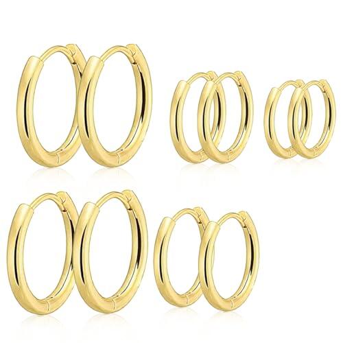 JEYORZY 5 Pares Pendientes de Aro, Pendientes Aro Pequeños, Acero Inoxidable Hipoalergénicos, Pendientes Hombre Aretes de Mujer, Pendientes de Aro de Cartílago(Dorado,8/10/12/14/16mm)