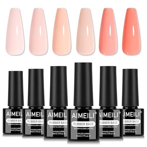 AIMEILI Base Rubber Para Uñas Rubber Base Gel UV LED Nail Builder Constructor Nail Strengthener Gel Adhesive Rhinestones 6 Colors Light Pink Nude Nail Art DIY Home Salon Manicure 5ML - Set 84