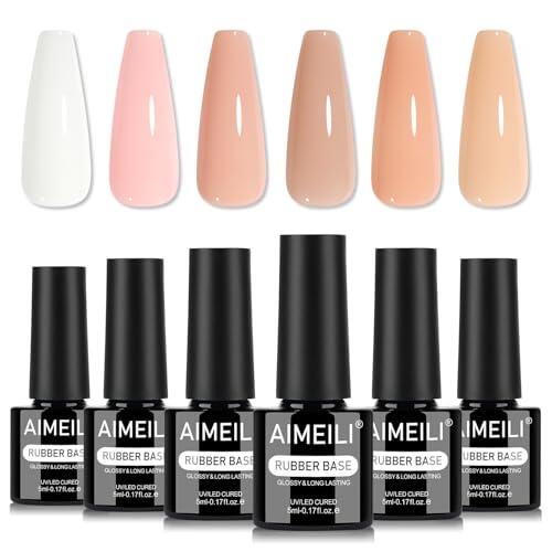 AIMEILI Base Rubber Para Uñas Rubber Base Gel UV LED Nail Builder Constructor Nail Strengthener Gel Adhesive Rhinestones 6 Colors Clear Pink Nude brown Light beige Home Salon DIY Manicure 5ML-Set 86