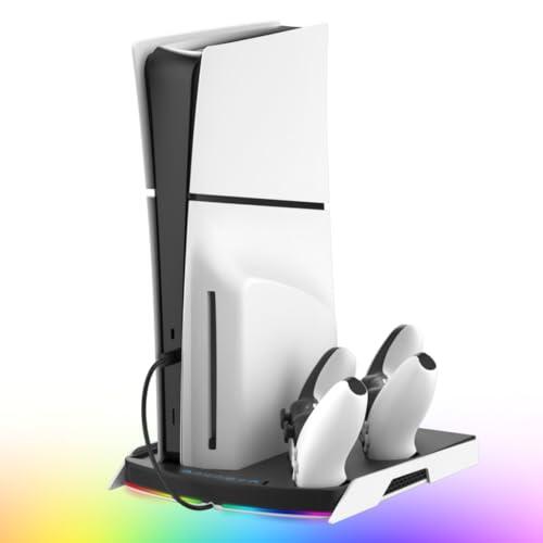 NITHO Soporte PS5 con Ventilador de Enfriamiento & Dual Cargador para Mando PS5/EDGE, Base Vertical Multifunción Compatible con PS5/Pro/Slim, con Hub USB y Luces RGB - Accesorios para PS5