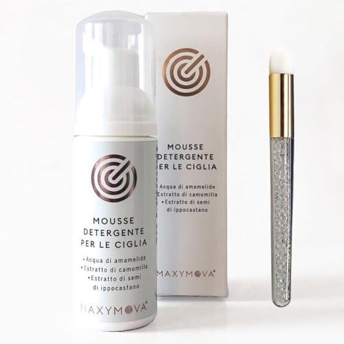 MAXYMOVA Mousse Limpiadora Desmaquillante para Pestañas y Rostro, 170 ml con Cepillo de Regalo – Espuma Suave para Extensiones de Pestañas, Elimina Maquillaje e Impurezas – Made in Italy