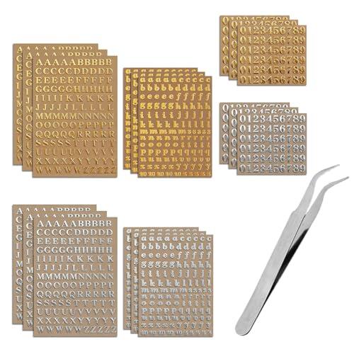 Aihoom 18 Hojas de Letras Adhesivas Doradas y Plateadas con Pinzas, Pegatinas de Letras y Números en Relieve, Decorativas para Fotos, Regalos y Manualidades, Pegatinas Metálicas Pequeñas
