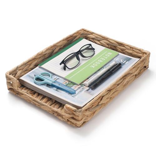 Bandeja de cartas de jacinto de agua, bandeja de escritorio tejida, organizador de cesta de escritorio de mimbre para papeles, documentos, revistas, archivos