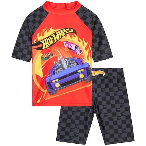 Hot Wheels Bañador Niño 3-8 Años, Conjunto 2 Piezas Bañador Boxer y Camiseta Rashguard, Traje de Baño Niño Piscina Vacaciones (3-4 Años, Rojo/Negro Hot Wheels)
