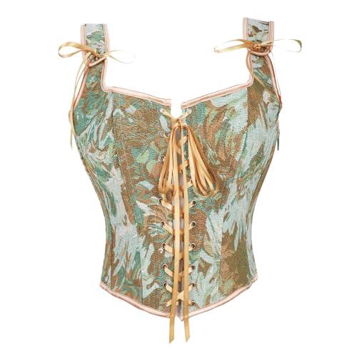 Ynport Crefreak Corsé Renacentista para Mujeres, Bustier Floral con Encaje en la Espalda y Escote Redondo, Top Gótico Victoriano Steampunk para Festival