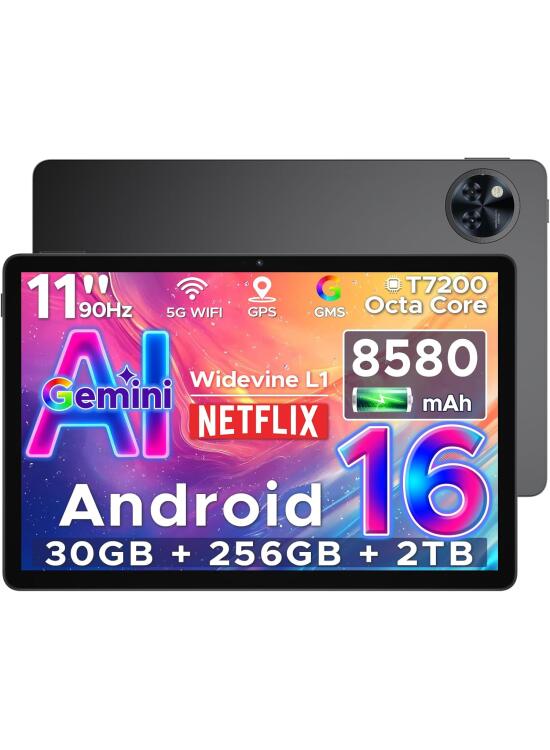 DOOGEE U11 Pro Android 16 Tablet 11 Pulgadas, 30GB+256GB/2TB TF Tableta para Niños, 8580mAh Octa Core Tablets Gaming Gemini AI, HD 90Hz, 13MP+5MP, WiFi 5G/Widevine L1/OTG/Face ID/GMS/GPS/3.5mm Jack
