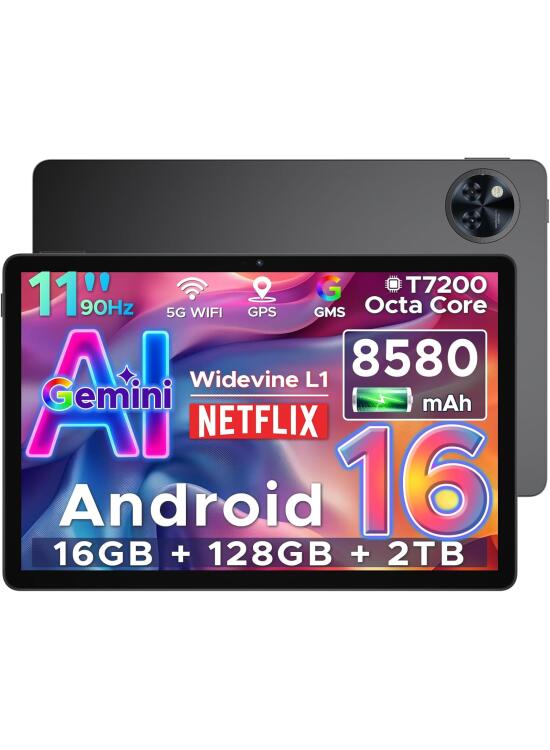 DOOGEE U11 Android 16 Tablet 11 Pulgadas, 16GB+128GB/2TB TF 8580mAh, Gemini AI Octa Core Tablet Niños, 13MP+5 MP, Tableta 5G WiFi, HD 90Hz/Widevine L1/GMS/GPS/Face ID/OTG/3,5mm Jack Tablets Infantil