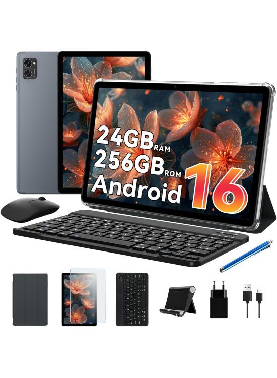 Android 16 Tablet con Teclado y Lapiz - 24 GB RAM+ 256 GB ROM(4 TB TF), Octa-Core, Gemini AI, Tablet 10 Pulgadas, Widevine L1, 5000mAh, 8MP+5MP, Face ID, GPS