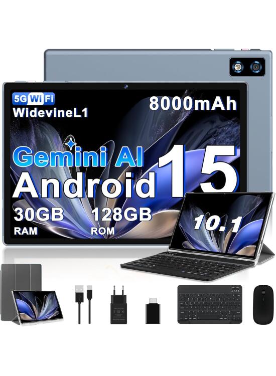 2026 último Tablet 10 Pulgadas Android 15 con Gemini AI, 30GB RAM + 128GB ROM, Octa-Core 2.0GHZ, 8000mAh, GMS, Widevine L1, GPS, OTG,5G WiFi 6 & BT 5.0,Tablet Teclado y Raton-Gris