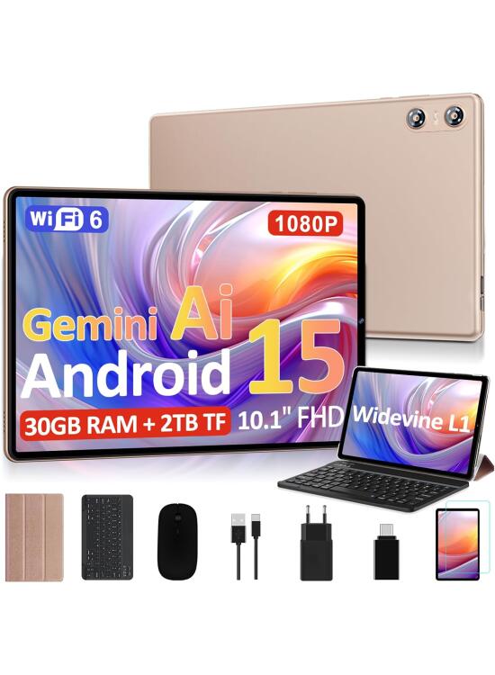 2026 Tablet 10 Pulgadas Android 15, 30GB RAM + 2TB TF, Gemini AI, Octa-Core, 5G WiFi 6, Widevine L1, GMS, GPS, BT 5.0, 6000mAh, 5+8MP, 3.5mm Audio, FHD Tablet con Teclado + Ratón + Funda, Oro