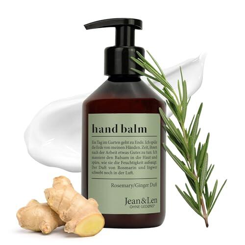Jean & Len Hand Balm Rosemary & Ginger, con aceite de argán orgánico, manteca de karité y vitamina E para una piel suave, crema de manos hidratante para piel seca, aroma fresco aromático, 250 ml