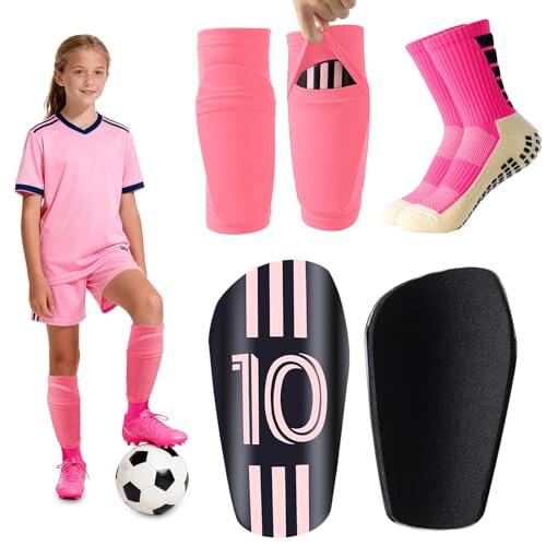Juego de calcetines profesionales de agarre de fútbol con mangas protectoras para niños, calcetines deportivos antideslizantes de rendimiento, rosa y negro, diseño número 10 (EE. UU., Alpha, S, rosa)