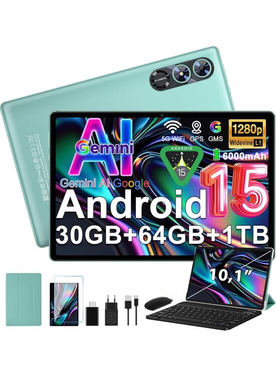 Android 15 Tablet 10 Pulgadas Gemini AI, Tablet PC Octa-Core, 30 GB RAM + 64 GB ROM (1TB TF), 3.5mm Audio/GMS/WiFi 6 & BT 5.0 / 6000mAh / GPS/Widevine L1, Tableta con Teclado-Verde