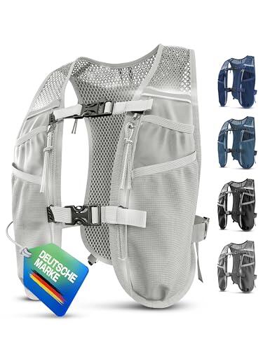 SASMO Chaleco para correr para hombre y mujer, 5 L, ultraligero, 270 g y transpirable, mochila para correr, 8 bolsillos, chaleco para correr, chaleco de hidratación para correr (gris blanco, 5 L)