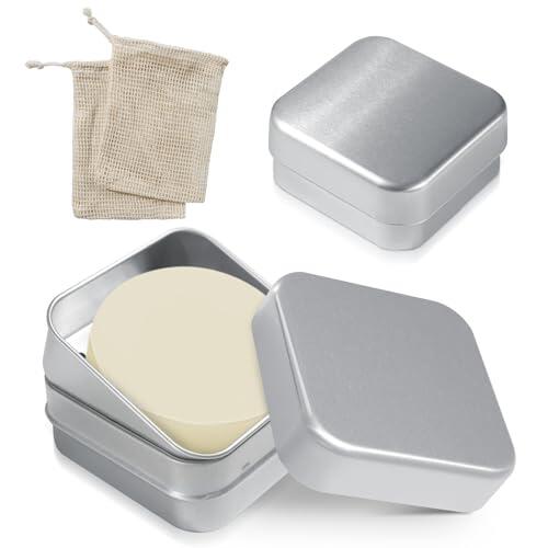 2 Piezas Caja de Jabón de Viaje, Caja de Jabón de Aluminio con Rejilla de Escurrido y Tapa, Pequeña Caja Cuadrada para Jabón Sólido, Champú, Acondicionador - Ideal para Hombre, Mujer, Viajes y Gimnasi